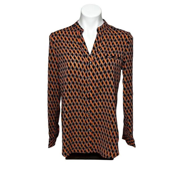 Lior Paris peach, gray and black basket weave print long sleeve button up shirt - Picture 1 of 16